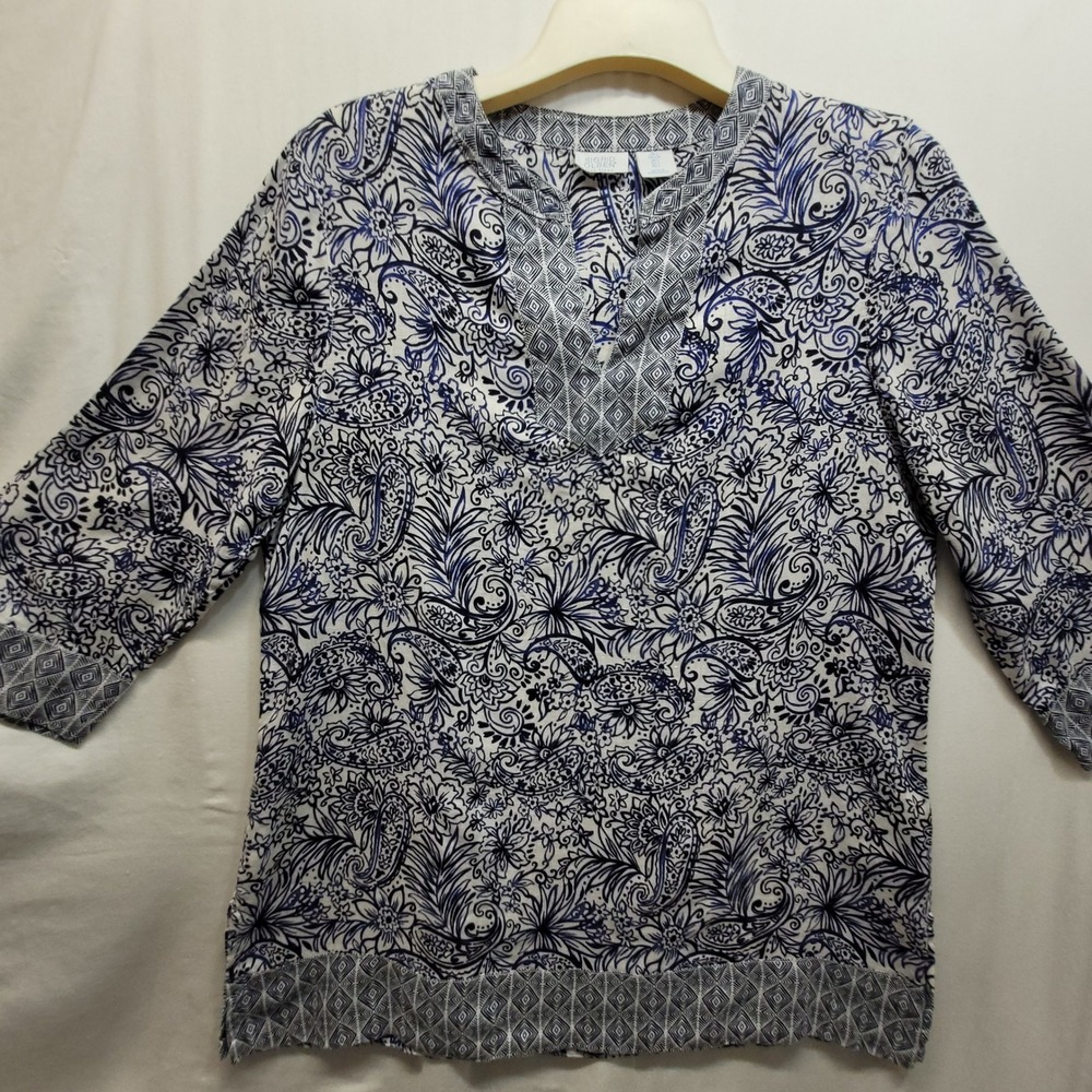 Sigrid Olsen Womens Blue White Paisley 100% Linen 3/4 Sleeve Tunic Top Large